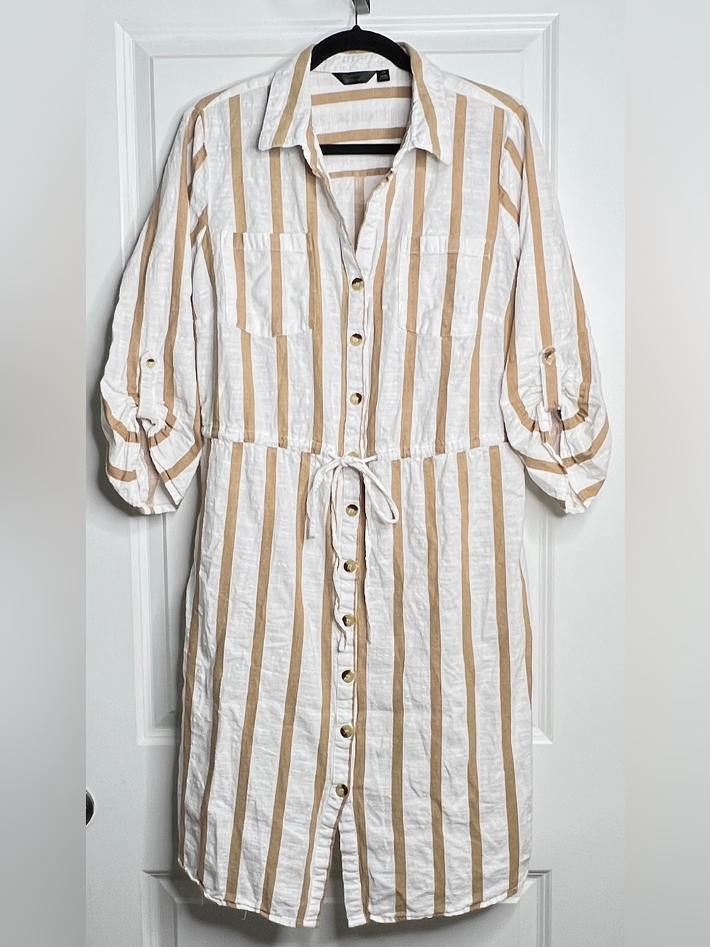 Mlle Gabrielle Striped 100% Cotton Shirt Dress 1X Tan White Roll Tab Waist Tie